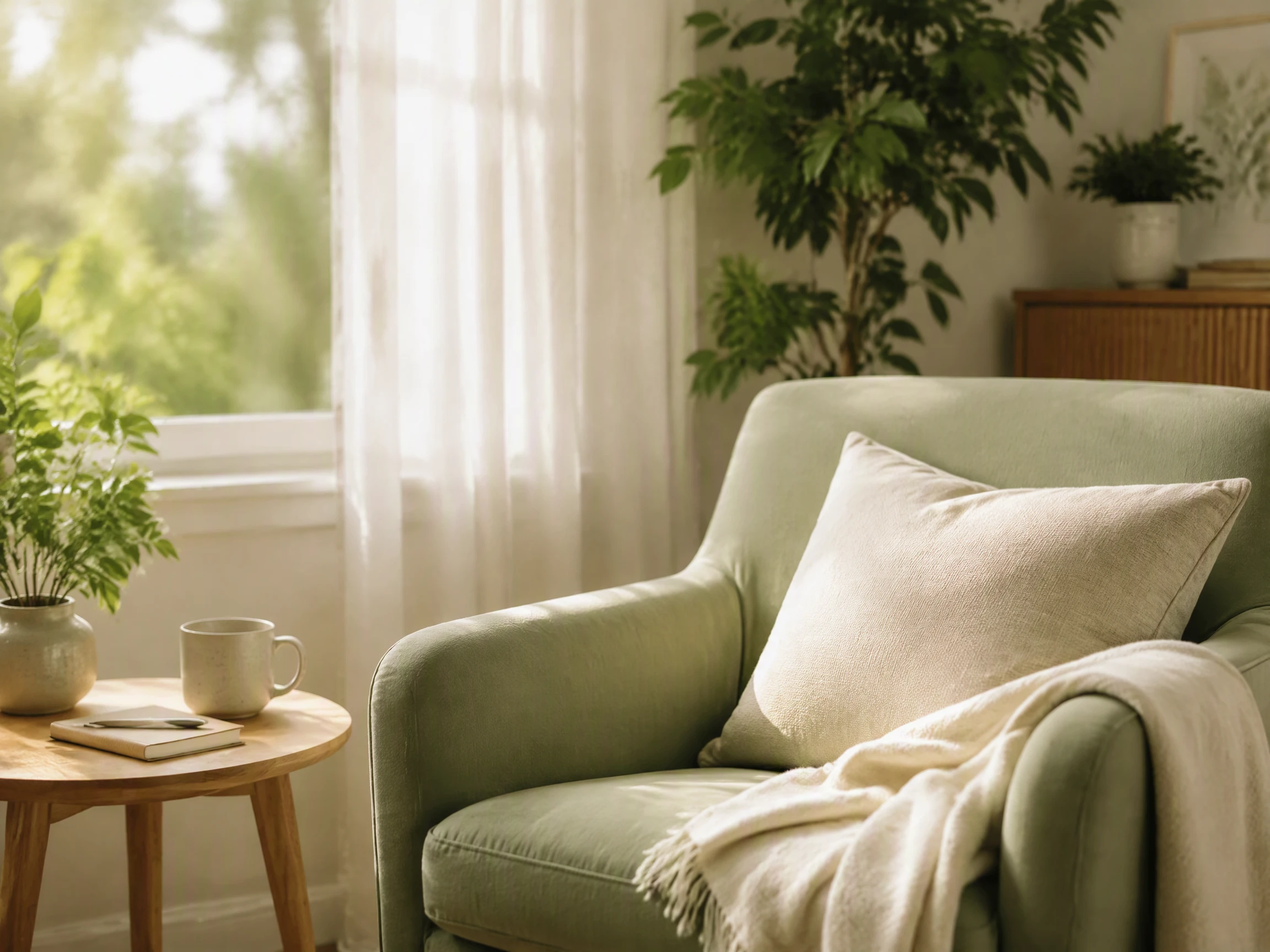 A calm, welcoming home setting with a sage armchair, leafy plant, and warm natural light